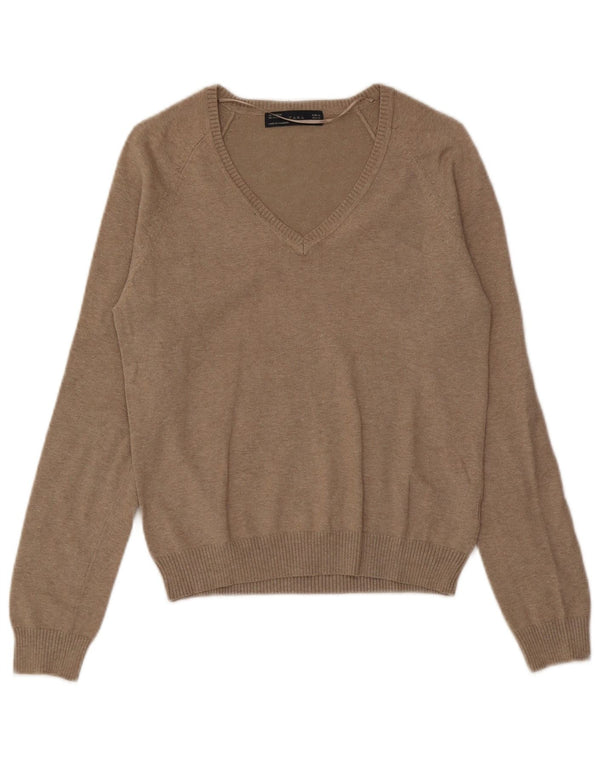Zara Mujer Jersey con Cuello en V Jersey UK 40 XL Algodón Marrón