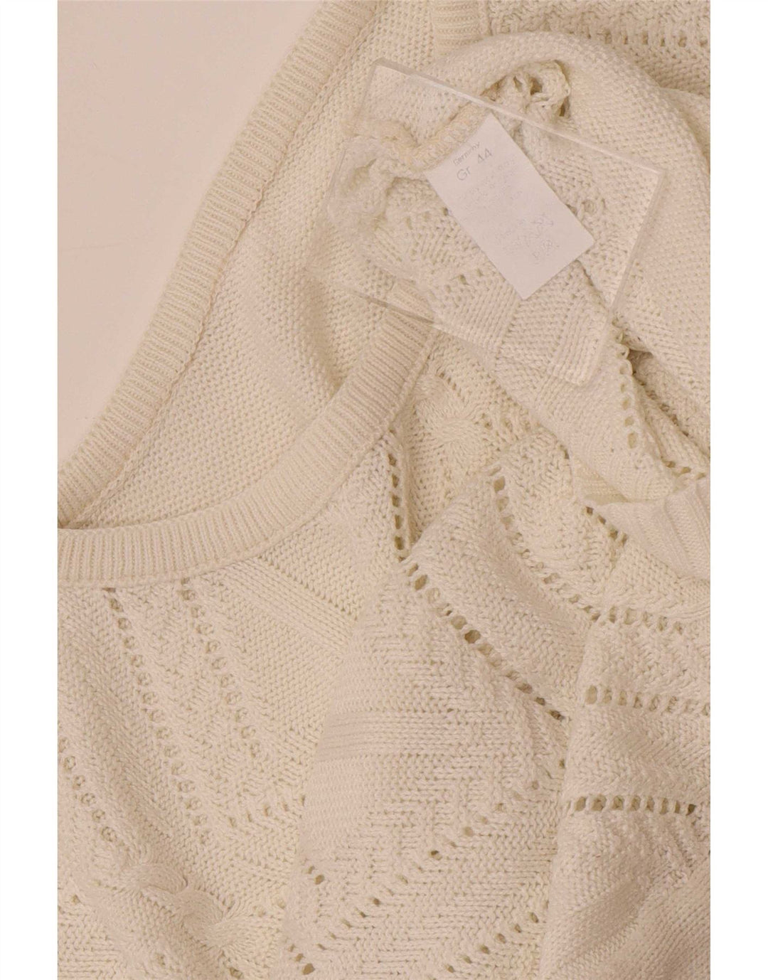 Vintage mujer cuello redondo jersey suéter Reino Unido 14 medio blanco geométrico
