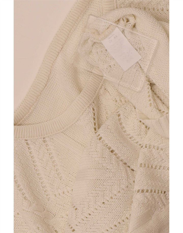 Vintage mujer cuello redondo jersey suéter Reino Unido 14 medio blanco geométrico