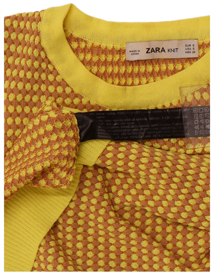 ZARA Mujer Crop Crew Neck Jumper Sweater UK 8 Small Amarillo Geométrico