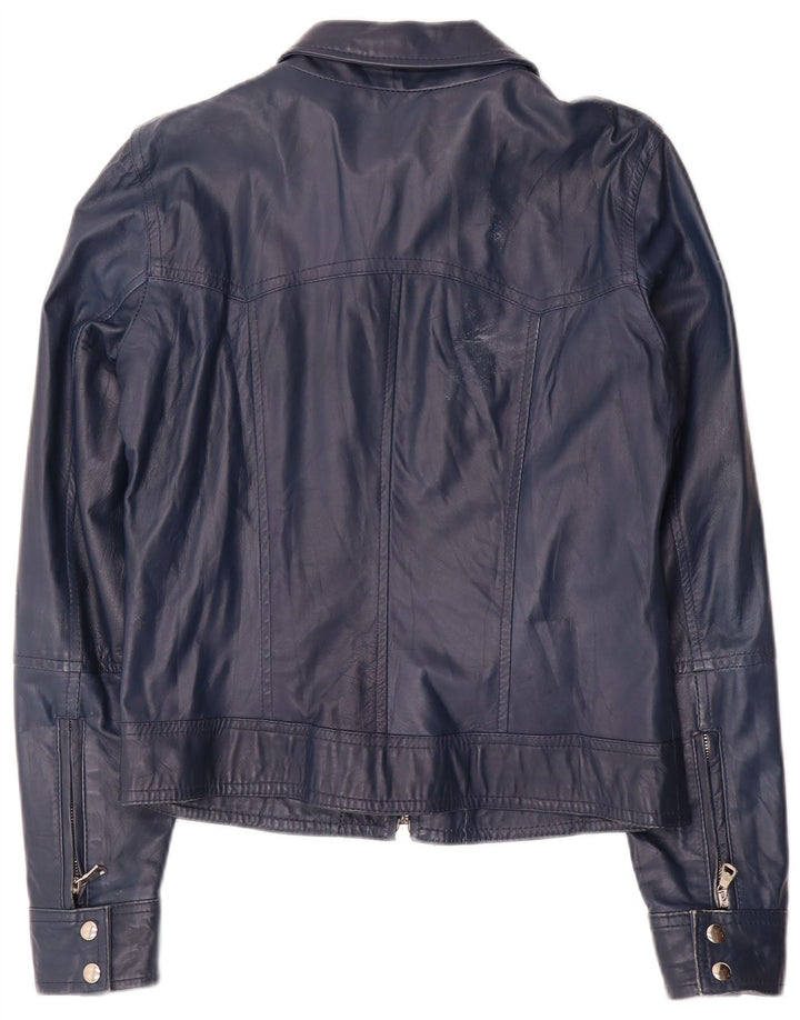 Vintage mujer crop chaqueta de cuero Reino Unido 14 cuero azul marino grande