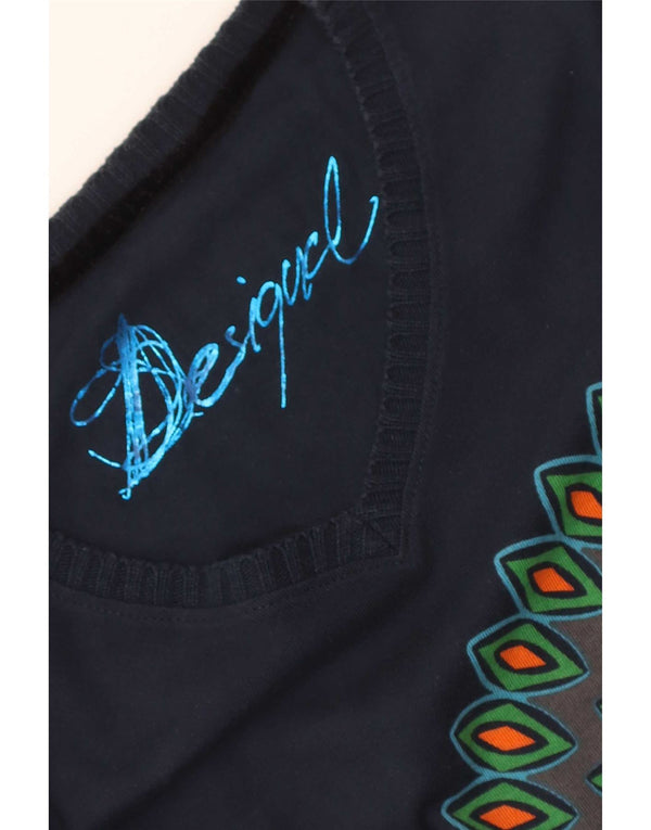 Desigual Mujer Gráfico Top Manga Larga UK 12 Medio Azul Marino Geométrico