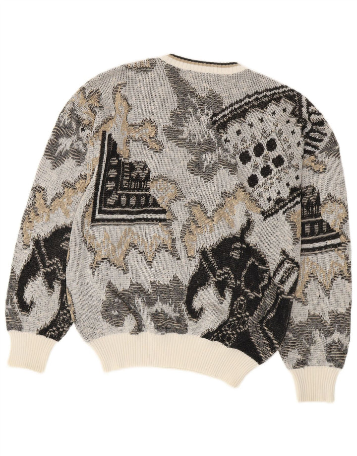 Vintage hombres cuello redondo jersey suéter gris medio algodón geométrico