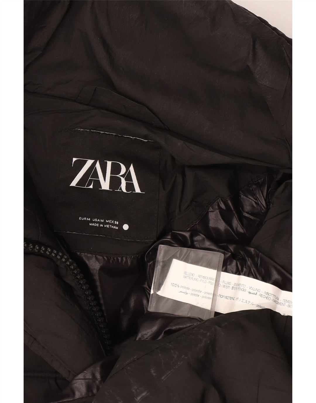 Zara Mujer Abrigo Acolchado Con Capucha UK 44 Medio Negro Poliéster