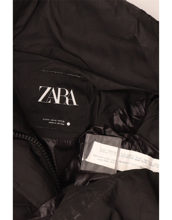 Zara Mujer Abrigo Acolchado Con Capucha UK 44 Medio Negro Poliéster