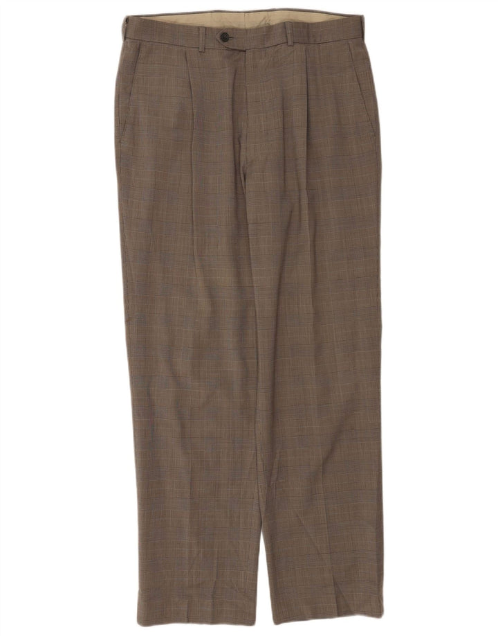 Marks & Spencer Pantalón de traje con pinzas para hombre W34 L30 Beige Pata de gallo