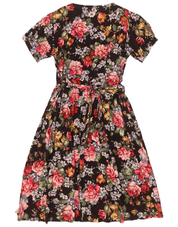 Vintage mujer A-Line vestido Reino Unido 18 XL negro floral viscosa