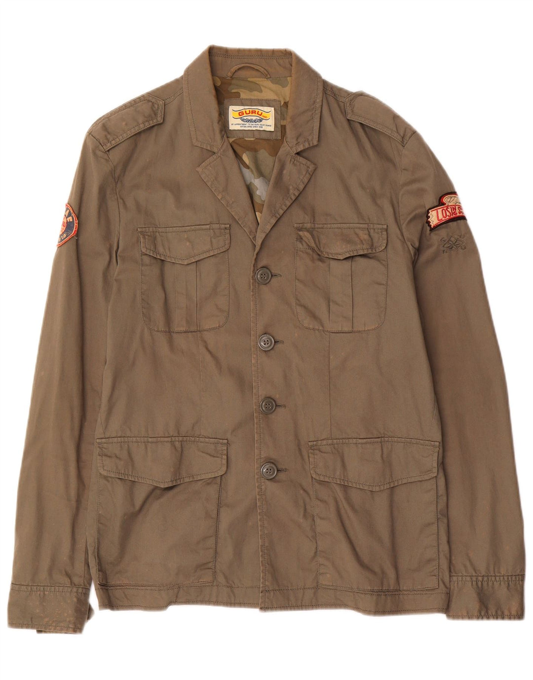 Guru Chaqueta militar gráfica para hombre Reino Unido 40 Grande Algodón marrón