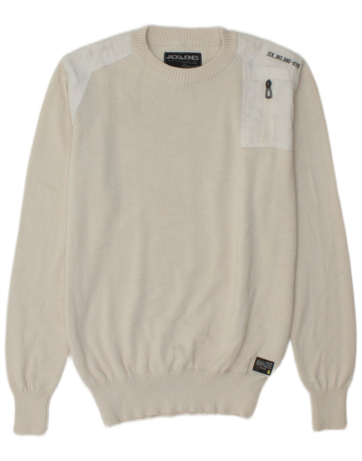 JACK & JONES Jersey con cuello redondo y gráfico para hombre Small Off White
