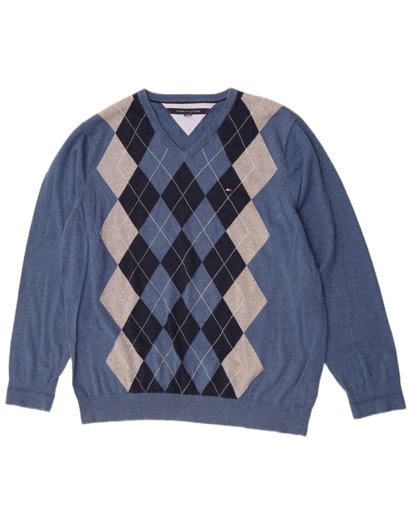 Tommy Hilfiger Jersey con cuello en V para hombre, talla 2XL, algodón azul Argyle/Diamond