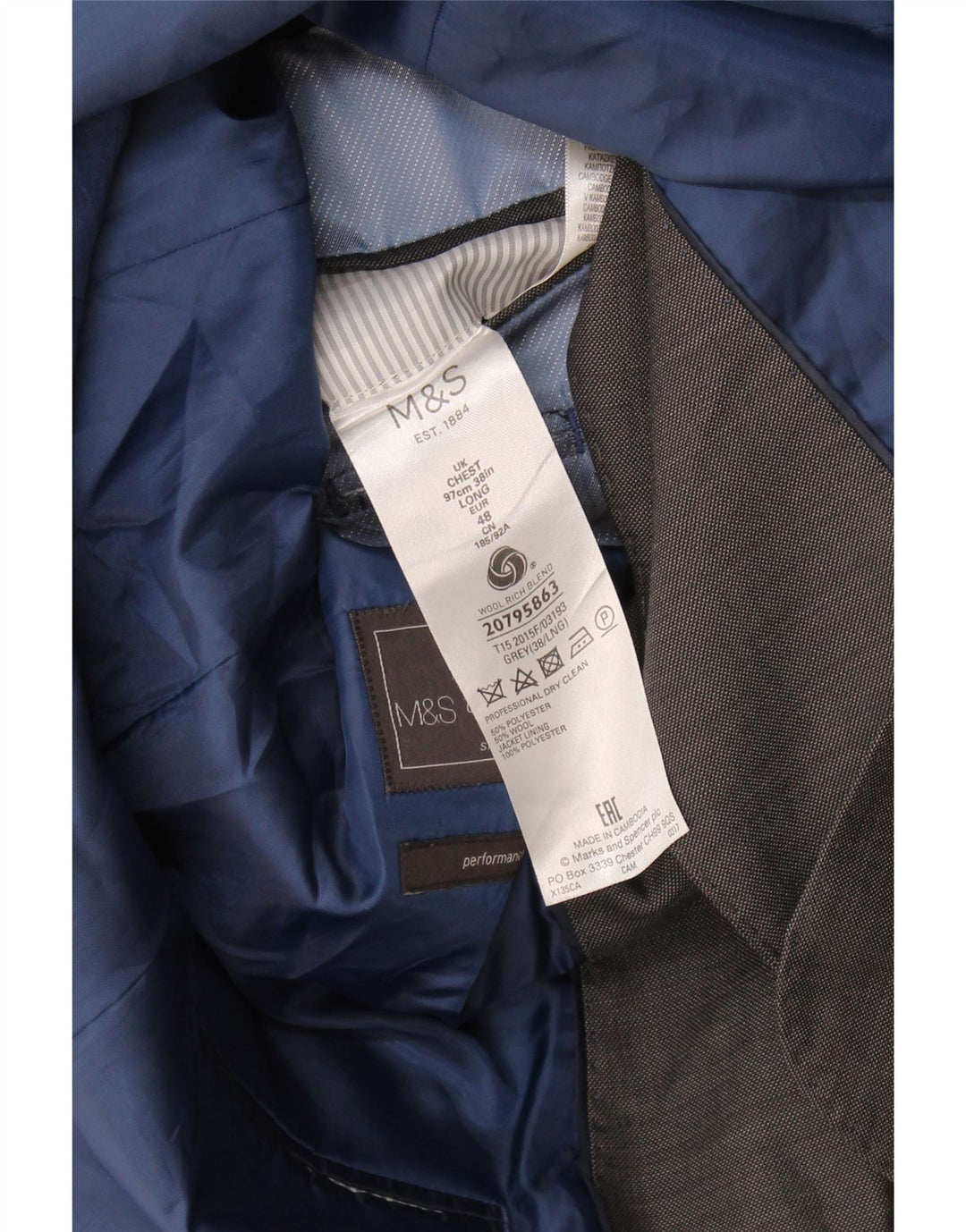 Marks & Spencer Chaqueta tipo blazer de 2 botones para hombre EU 48 Poliéster gris medio