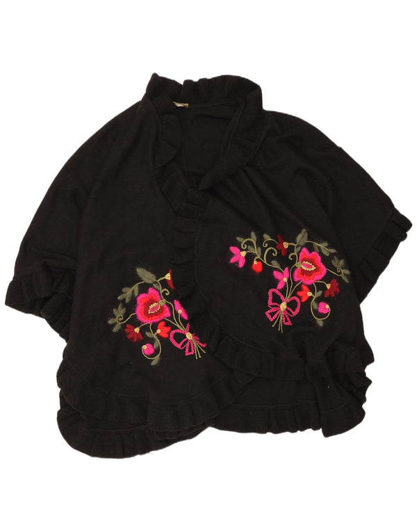 Vintage mujer cabo cardigan suéter un tamaño negro floral merino lana
