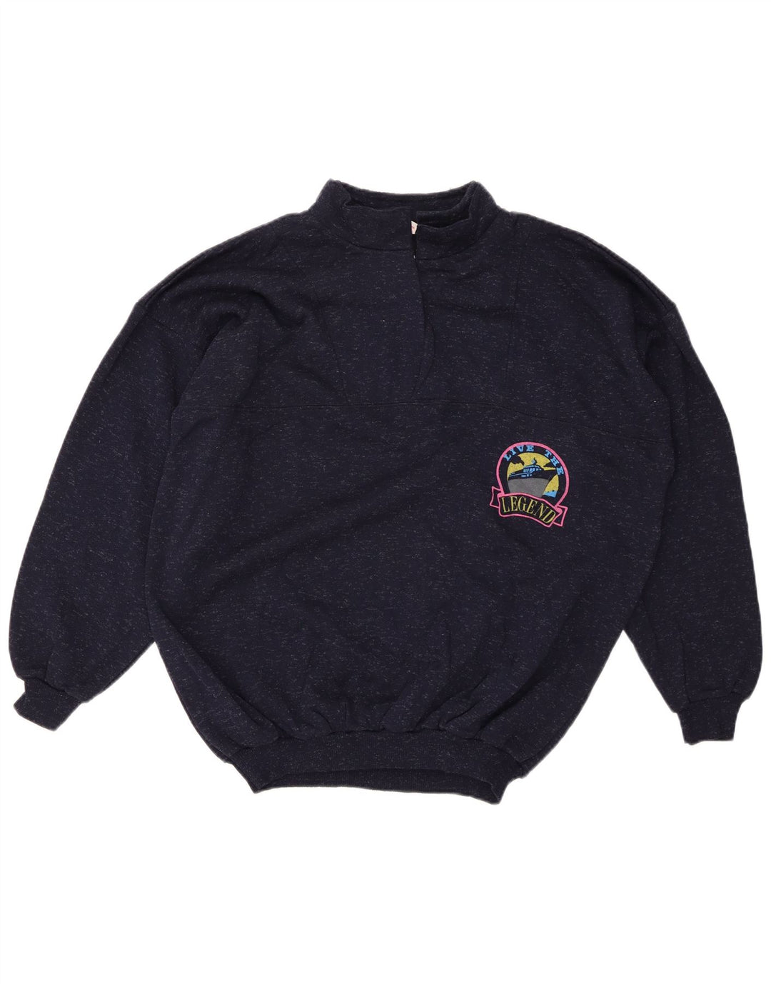 VINTAGE Mujer Zip Neck Jumper Suéter UK 20 2XL Azul Marino Flecked Algodón