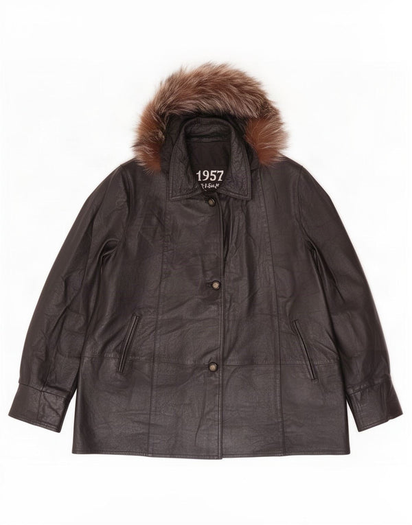 1957 Legendary Abrigo de cuero con capucha para mujer UK 40 XL Negro