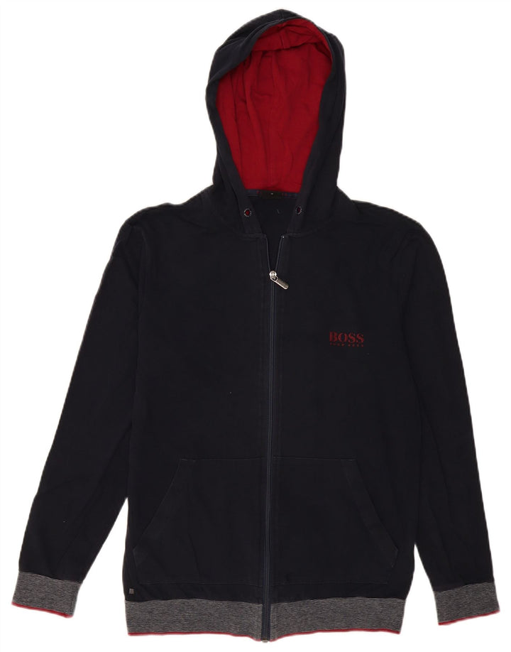 HUGO BOSS Sudadera con capucha y cremallera para hombre, talla pequeña, algodón azul marino