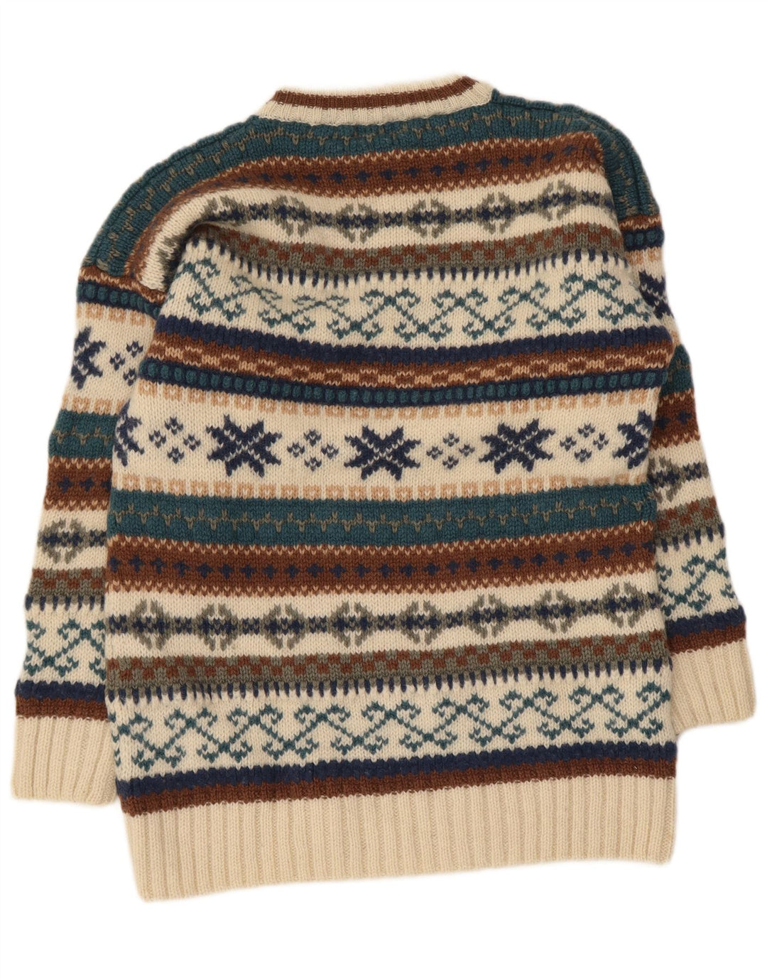 Vintage hombres cuello redondo jersey suéter medio beige feria isla lana