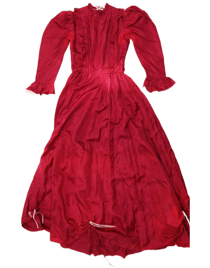 VINTAGE Mujer Volantes Frente Princesa Vestido Reino Unido 10 Pequeño Borgoña