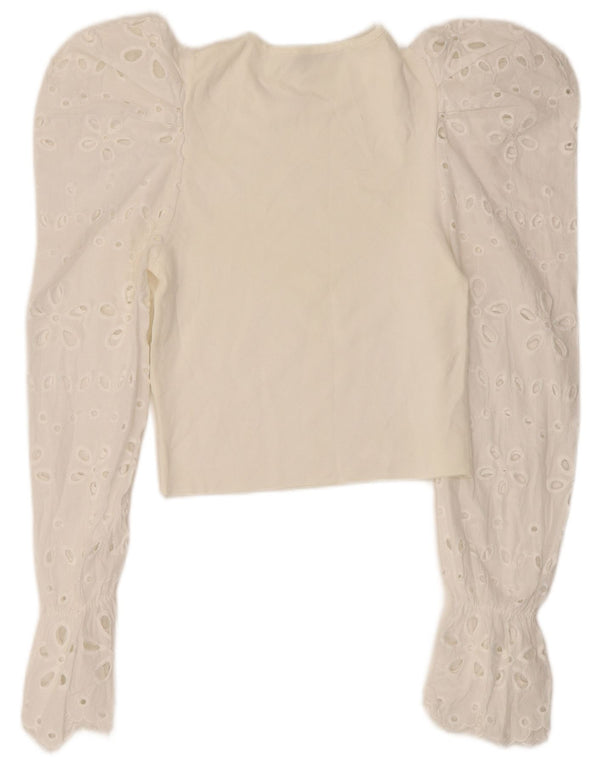 Zara Mujer Crop Top Manga Larga UK 8 Small Blanco Floral