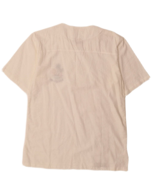 Vintage hombres hecho a mano manga corta pullover camisa medio blanco geométrico