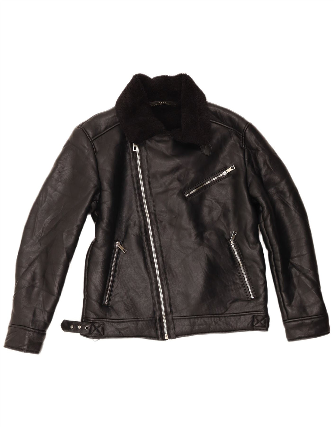 Zara Mujer Sherpa Biker Jacket UK 40 Mediano Poliéster Negro