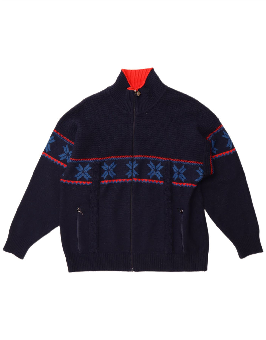 Vintage hombres Cardigan suéter grande azul marino Fair Isle