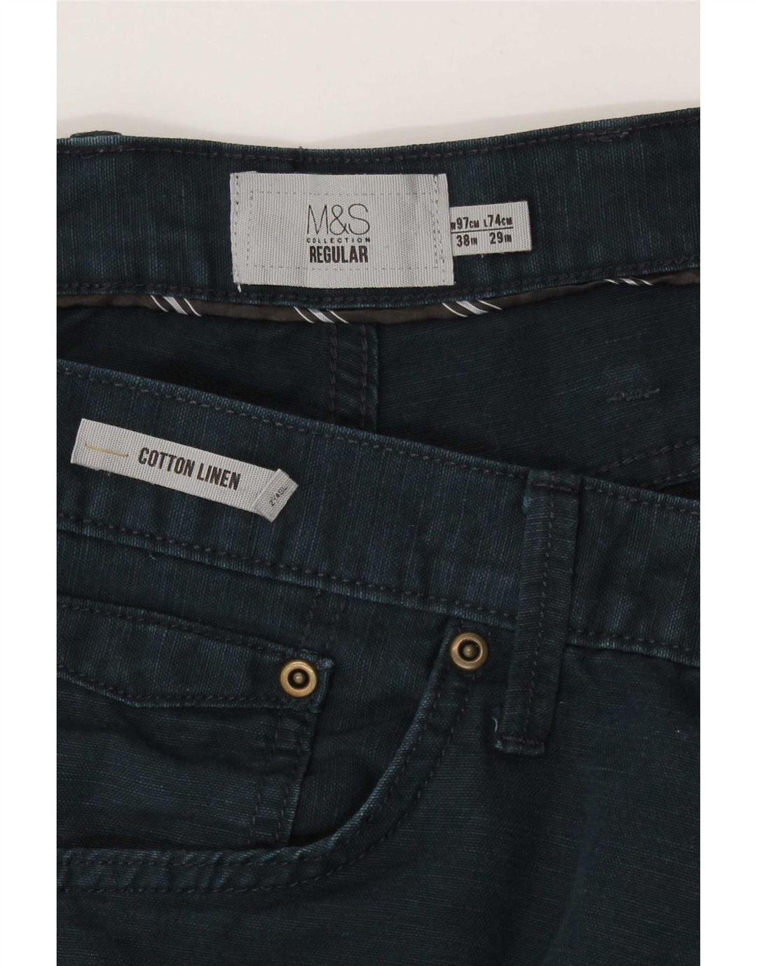 Marks & Spencer Pantalones casuales regulares para hombre W38 L29 Algodón azul marino