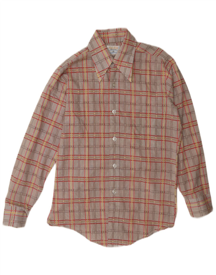 Vintage hombres camisa tamaño 14 1/2 pequeño marrón comprobar algodón