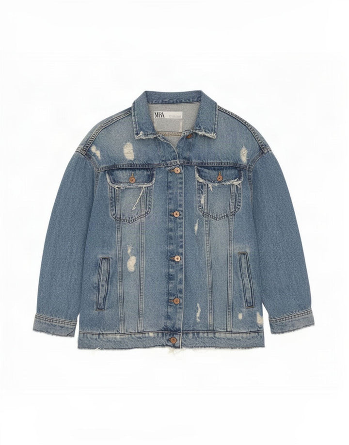 Zara Chaqueta Vaquera Extragrande Desgastada para Mujer UK 10 Small Algodón Azul