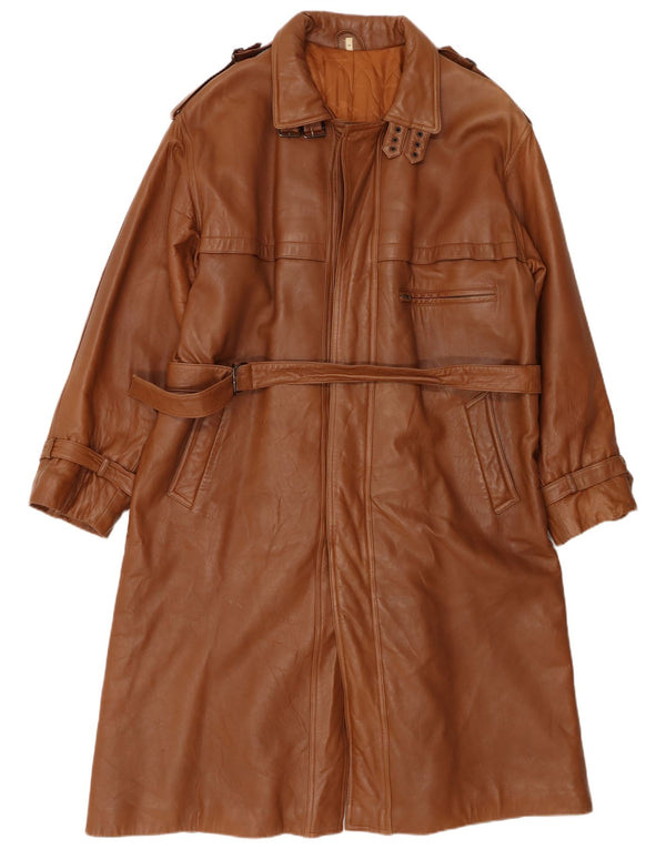 VINTAGE Mens Military Leather Coat UK 40 Large Brown Leather
