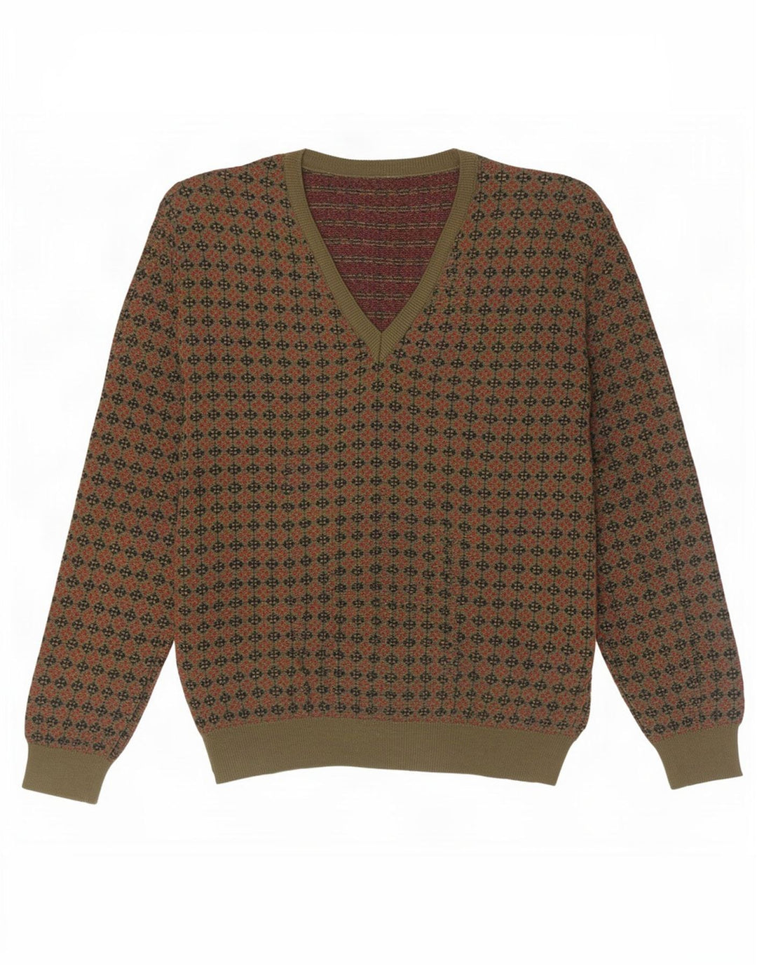 Vintage hombres V-cuello jumper suéter grande caqui lana geométrica