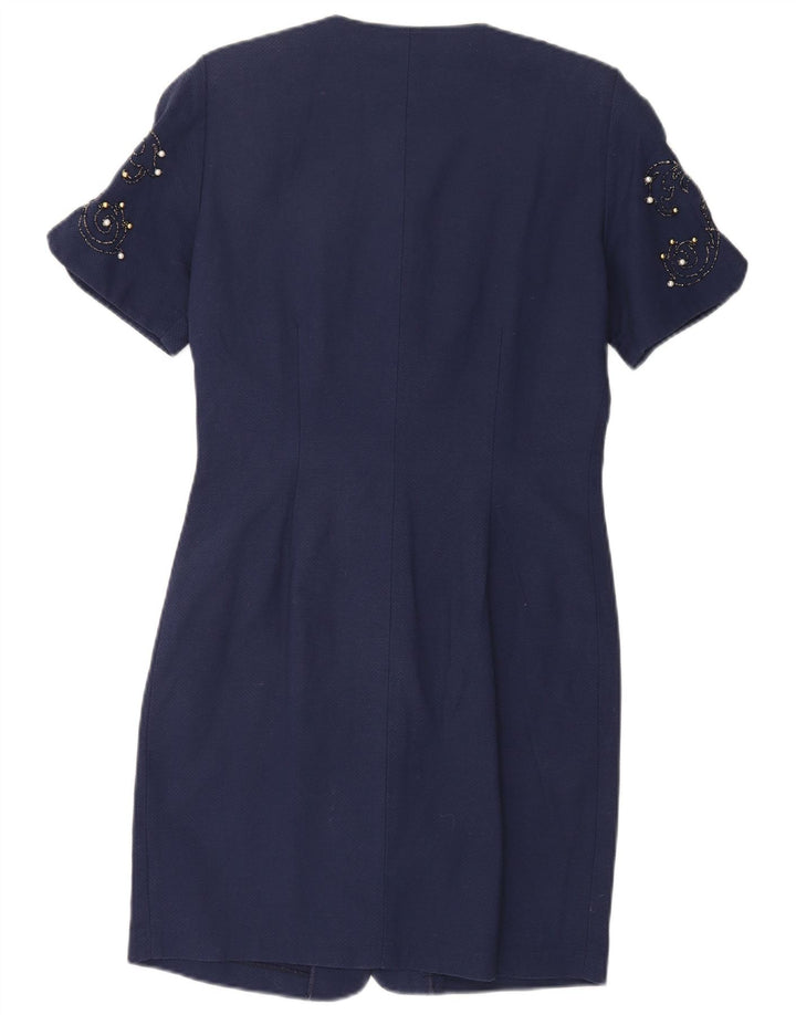 Vintage mujer regular vaina vestido Reino Unido 14 medio azul marino algodón