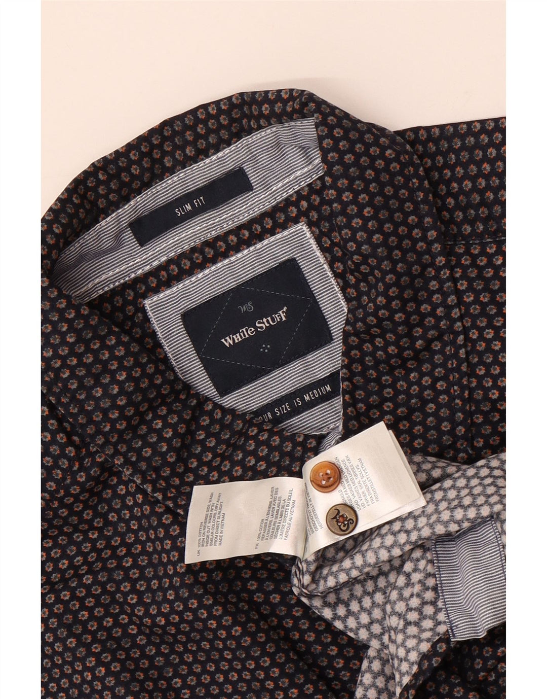 WHITE STUFF Camisa ajustada de manga corta para hombre, talla mediana, azul marino con lunares