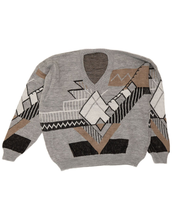 Vintage hombres V-cuello jumper suéter grande gris geométrico acrílico