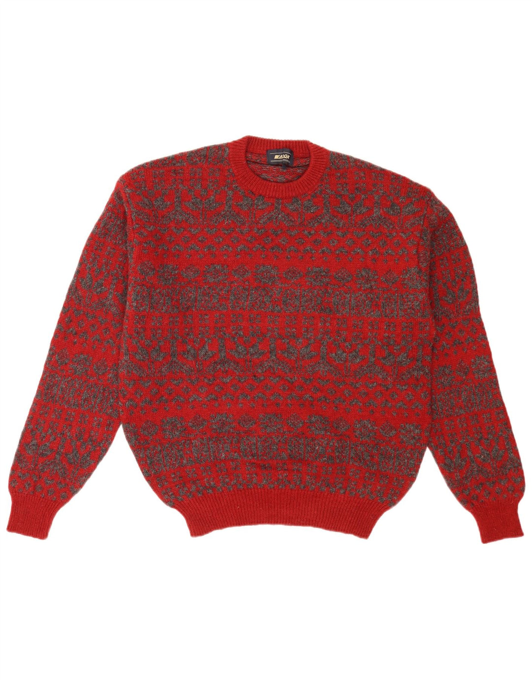 Vintage hombres cuello redondo jersey suéter medio rojo Fair Isle Retro