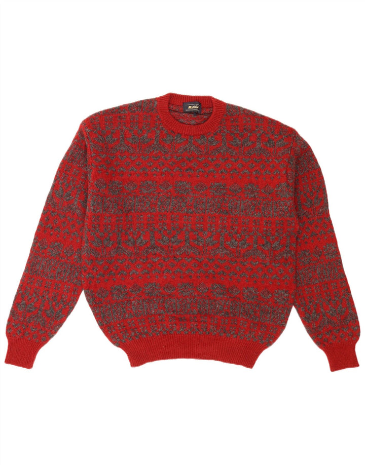 Vintage hombres cuello redondo jersey suéter medio rojo Fair Isle Retro
