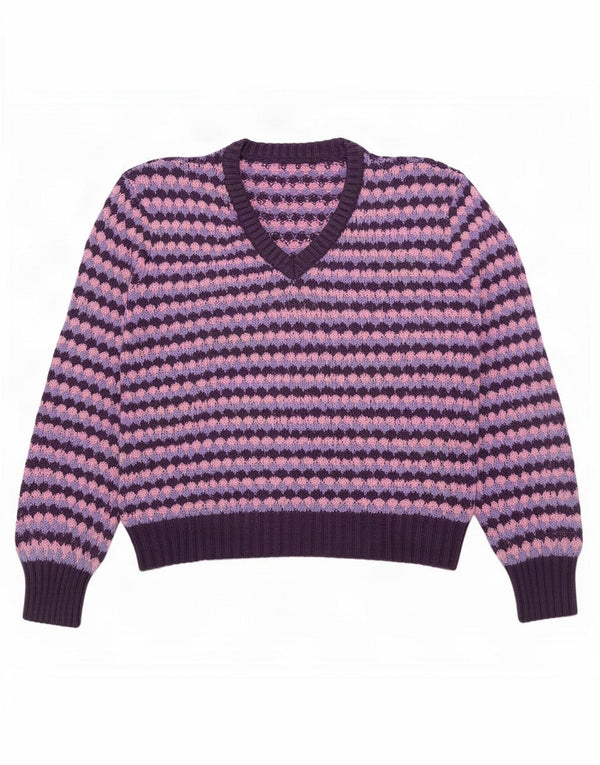 Vintage mujer V-cuello jumper suéter Reino Unido 16 grande púrpura geométrico
