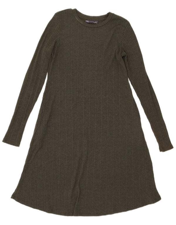 Marks & Spencer Vestido acampanado de manga larga para mujer UK 8 Small Poliéster caqui