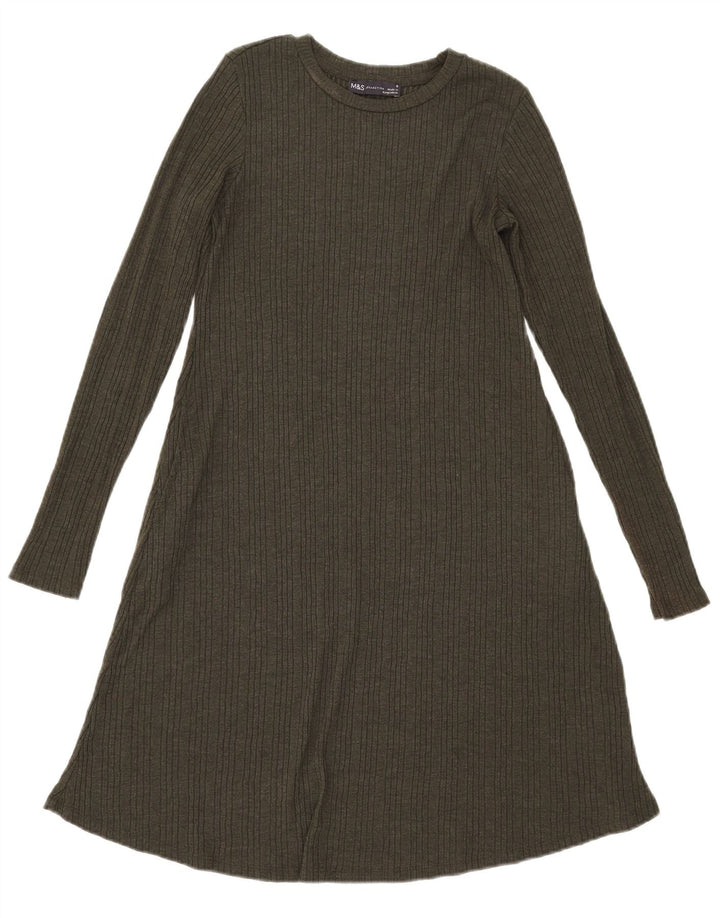 Marks & Spencer Vestido acampanado de manga larga para mujer UK 8 Small Poliéster caqui