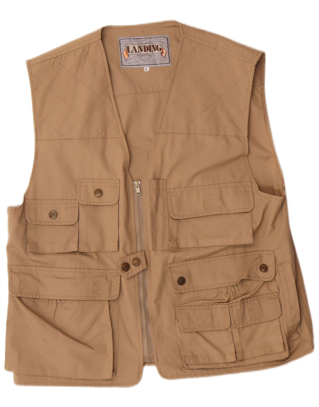 VINTAGE Hombres Utility Gilet Reino Unido 40 Poliéster Beige Grande