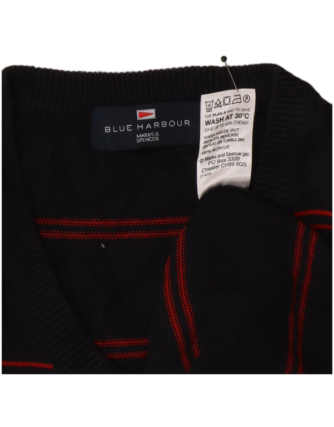 Marks & Spencer Suéter tipo jersey con cuello en V azul Harbor para hombre, talla grande, azul marino