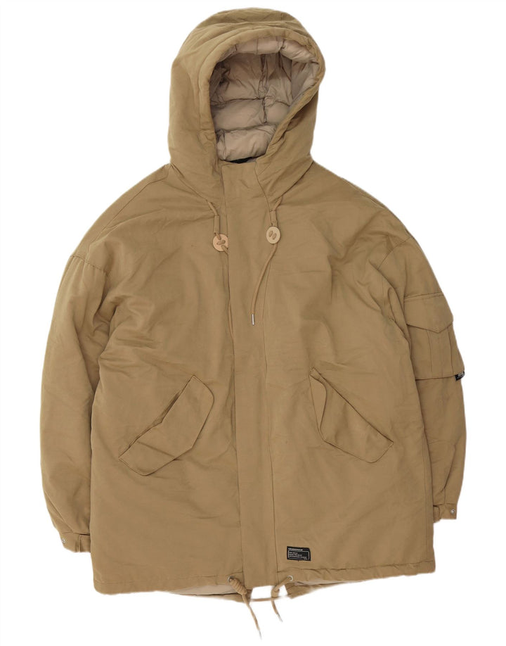 Zara Hombre Chaqueta Acolchada Suelta Con Capucha UK 38 Poliéster Beige Medio