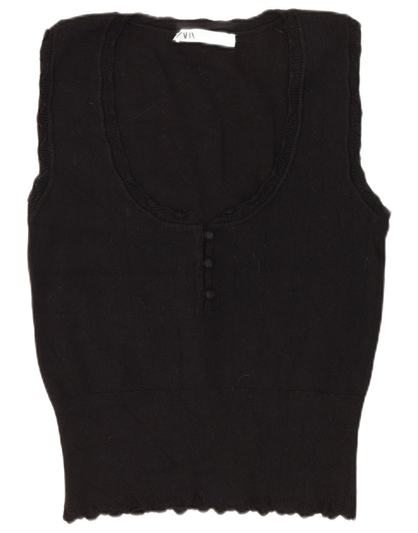 Zara Mujer Crop Vest Tank Top UK 40 Large Viscosa Negra