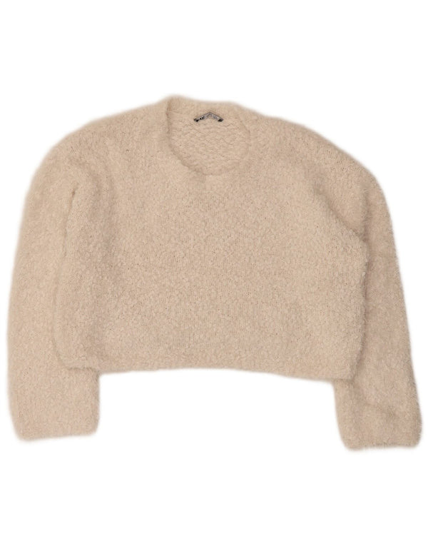 Zara Mujer Crop Suéter De Cuello Redondo De Gran Tamaño UK 10 Small Off White