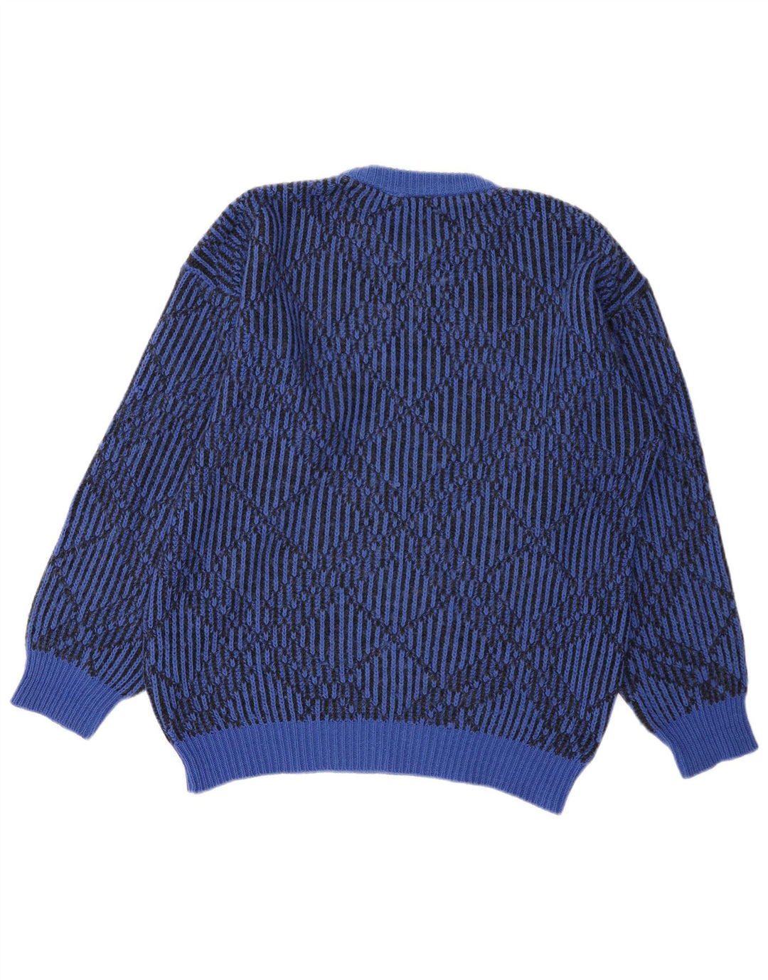 Vintage hombres cuello redondo jersey suéter grande azul geométrico