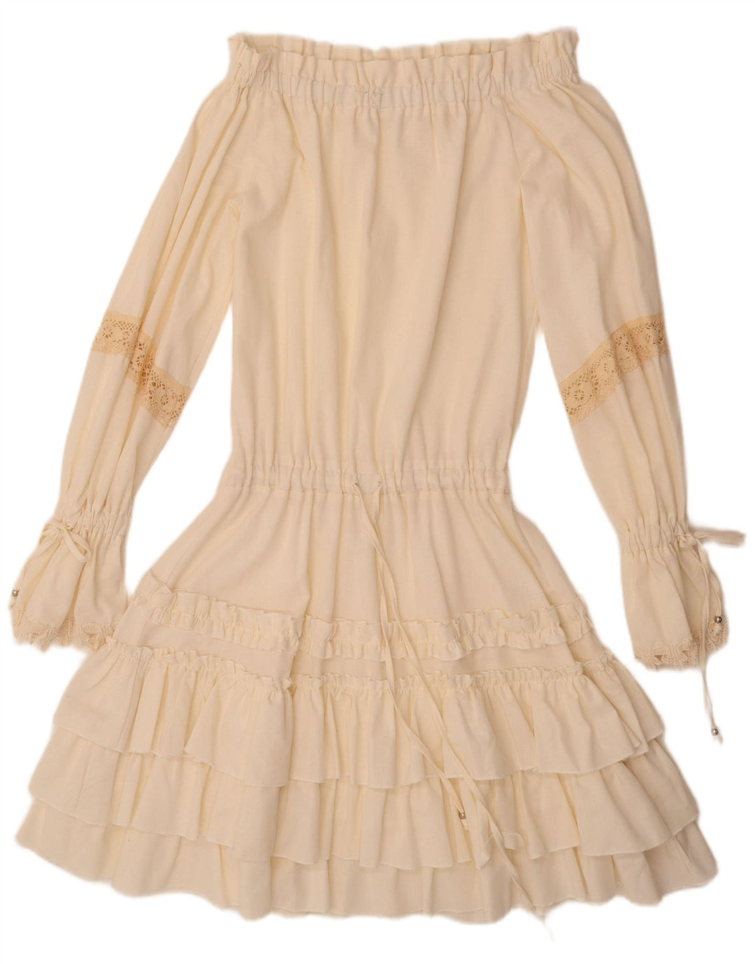 VINTAGE mujer manga larga fuera del hombro vestido Reino Unido 12 medio lino blanco apagado