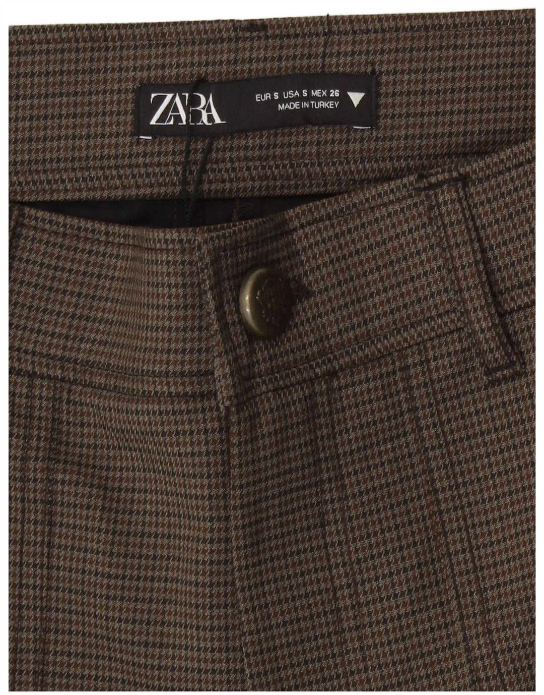 Zara Mujer Pantalones Cortos Casuales De Cintura Alta Pequeño W26 Poliéster De Pata De Gallo Marrón