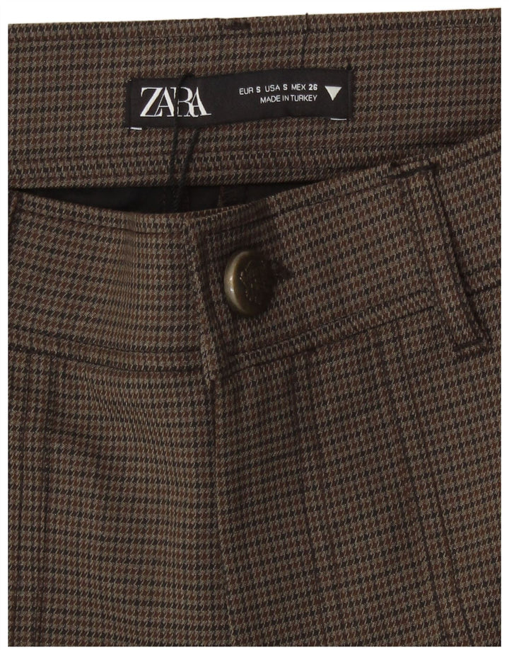 Zara Mujer Pantalones Cortos Casuales De Cintura Alta Pequeño W26 Poliéster De Pata De Gallo Marrón