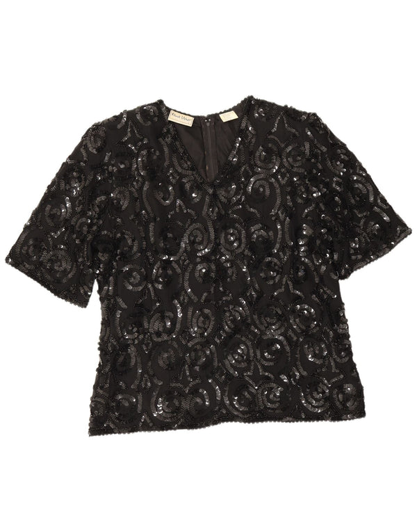 Frank Usher Blusa para Mujer Top UK 46 Grande Seda Negra