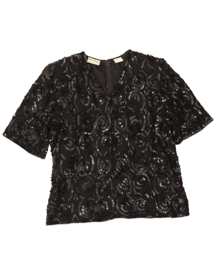 Frank Usher Blusa para Mujer Top UK 46 Grande Seda Negra