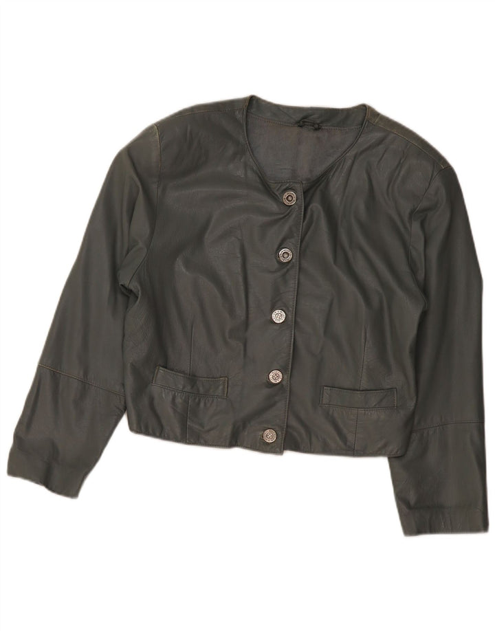 VINTAGE Chaqueta bomber de cuero para mujer Reino Unido 12 Cuero gris medio